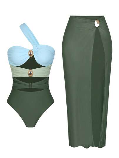 Swim Oasis 1 pieza Vestido de playa de malla con decoración de unicolor, tirantes de bloqueo de color y cintura retorcida, estilo elegante adecuado para vacaciones y playa