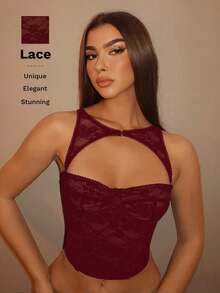 SHEIN BAE 音乐节假日黑色可拆卸束身胸衣上装，演唱会服装 - 酒紅色 - 查看 5