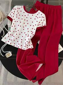 Franclia 女士波点短袖T恤和裤子两件套 - 彩色 - 查看 2