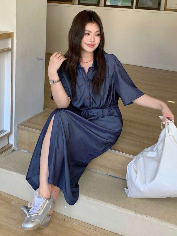 Dazy Plus Plus Size Summer Casual Button Half-Placket Short Sleeve Dress Sundress
