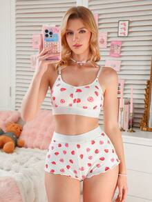 PetitDoll 2pcs Women's "Sweet" Letter Print Waistband Lingerie Set - Red and White - View 1