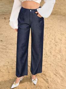 Modelyn 女士口袋直筒休闲牛仔效果宽松蓝色裤子 - 藍色 - 查看 3