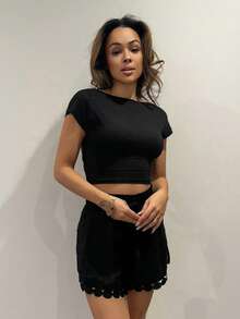 RebeccaVibe Black Open Back T-Shirt Top Suitable For Petite, Summer - Black - View 1