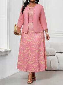 SHEIN Lady 2件套加大码女式商务抽象波浪印花简约圆领系带度假中长连衣裙套装外出穿搭两件套 - 粉色 - 查看 5