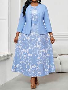 SHEIN Lady 2件套加大码女士商务抽象波浪印花简约圆领系带度假中长连衣裙套装外出服蓝色两件套春夏服装休闲连衣裙女士碎花连衣裙芥末黄连衣裙女士蓝色碎花连衣裙女士教堂连衣裙女士半身裙套装女士半身裙夏季连衣裙春季连衣裙毕业典礼 - 淺藍色 - 查看 1