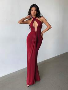 Glamine Đầm maxi màu đỏ rượu vang gợi cảm cổ chữ V, dây buộc cổ, lưng hở, không tay, xếp ly, thích hợp cho biểu diễn, câu lạc bộ, hẹn hò, đường phố, thu đông, thanh lịch, dạ hội, tiệc tùng, sinh nhật, tiệc tùng, lễ tình nhân. - Màu Đỏ Sâu - Xem 1