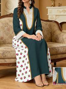 SHEIN Najma 女士花卉复古印花撞色V领长袖连衣裙，优雅春夏款 - 彩色 - 查看 1