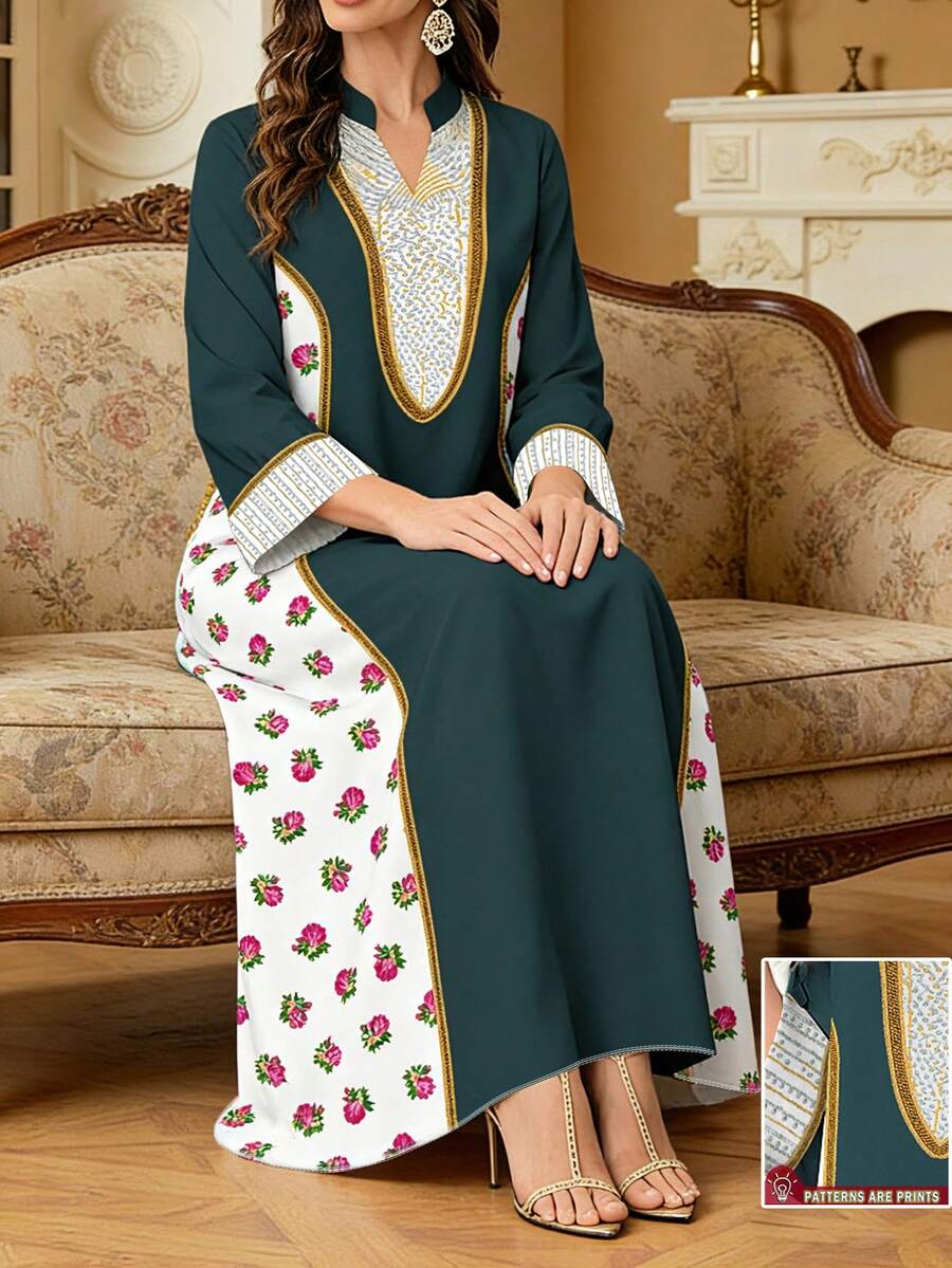 SHEIN Najma 女士花卉复古印花撞色V领长袖连衣裙，优雅春夏款 - 彩色 - 查看 1