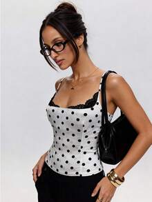 SHEIN BAE Áo hai dây chấm bi viền ren thanh lịch và thoải mái dành cho nữ, thích hợp cho mùa xuân và mùa hè, áo corset chấm bi, trang phục mùa xuân cho nữ, kỳ nghỉ xuân, ngày Valentine, áo dự tiệc thanh lịch, áo chấm bi. - Đen và trắng - Xem 7