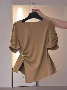 Franclia Elegant Women's Asymmetric Design Round Neck Blouse - Brown - View 1