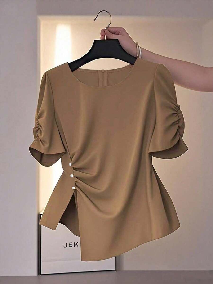 Franclia Elegant Women's Asymmetric Design Round Neck Blouse - Brown - View 1