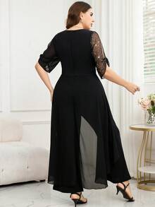 SHEIN Clasi 大码女式重叠V领翻边袖亮片拼接阔腿连体裤 - 黑色 - 查看 4