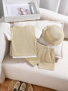 SHEIN Playful Pals 3-Pack Baby Boy Summer Blue Round Neck 2 In 1 Top And Shorts With Hat, Waffle Fabric, Suitable For Daily Outdoor Play, School, Vacation, Elegant Style, Suitable For Family Leisure, Sports And Gatherings - Khaki - View 2