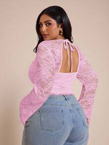 SHEIN BAE 大码女士优雅钥匙孔领撞色蕾丝长袖修身衬衫，春夏款 - 淺粉色 - 查看 7