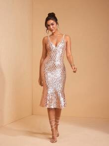 JIAN LASALA V Neck Spaghetti Straps Patterned Sequin Mesh Mermaid Hem Party Dress Women Short Sexy Dress Black Sequin Midi Dress Sparkly Cocktail Dress Glitter Dress Sleeveless Midi Dress Black Sequin Dress Sparkly Dress Midi Cocktail Dress Sequin Dress Luxury Stylish Clothing Collection Elegant - Khaki - View 1