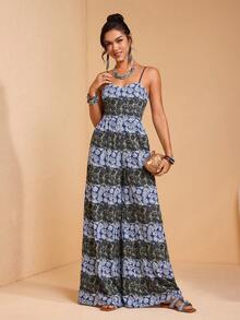 JIAN LASALA All-Over Tropical Print Spaghetti Straps Sleeveless Sweetheart Neckline Women Summer Jumpsuits - Multicolor - View 5