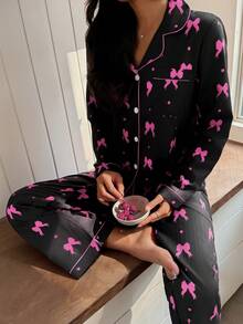Women's New Bow Print Casual Long Sleeve Pajama Set - Black - View 1