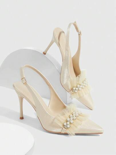 CUCCOO HITCHD Pointed Toe Stiletto Heels Apricot Pearl Chain Mesh Lace Backstrap Women's High Heel Pumps, Wedding, Party, Evening Wear