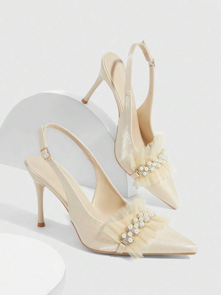 CUCCOO HITCHD Pointed Toe Stiletto Heels Apricot Faux Pearl Chain Mesh Lace Backstrap Women's High Heel Pumps, Wedding, Party, Evening Wear Wedding Shoes Spring Shoes Bride Shoes