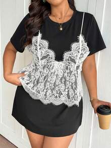 Lounesse Plus Size Elegant Lace Patchwork Round Neck Short Sleeve T-Shirt - Black - View 7