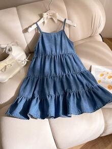 Young Girl' Blue Denim Patchwork Layered A-Line Casual Dress - Blue - View 1
