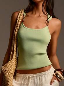 Athîral Women's Casual Off-Shoulder Fitted Light Green Knit Top, Spring/Summer - Green - View 1