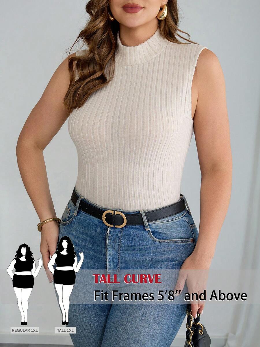 SHEIN Tall CURVE 2件装加大码女式纯色休闲罗纹高领背心，夏季女装，情人节、毕业典礼、母亲节礼物，适合高挑丰满女性，休闲女装，女士正装 - 彩色 - 查看 1