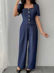 DAZY Women's Casual Washed Square Collar Puff Sleeve Shirt And Wide Leg Jeans Set, Summer - Medium Wash - View 5