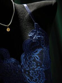 SpicyHot 四件套：女士超性感心形扣开裆蕾丝边波点网纱连体衣+吊袜带+腿环 - 藏蓝色 - 查看 5