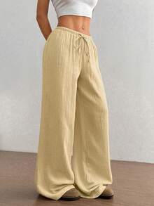 FavEase 2026新款柔软棉纱休闲宽松直筒裤，低腰纯色休闲裤，浅黄色阔腿裤，女士沙滩裤，女士夏季裤，波西米亚风裤，宽松裤，阔腿裤，高腰裤 - 黃色 - 查看 6