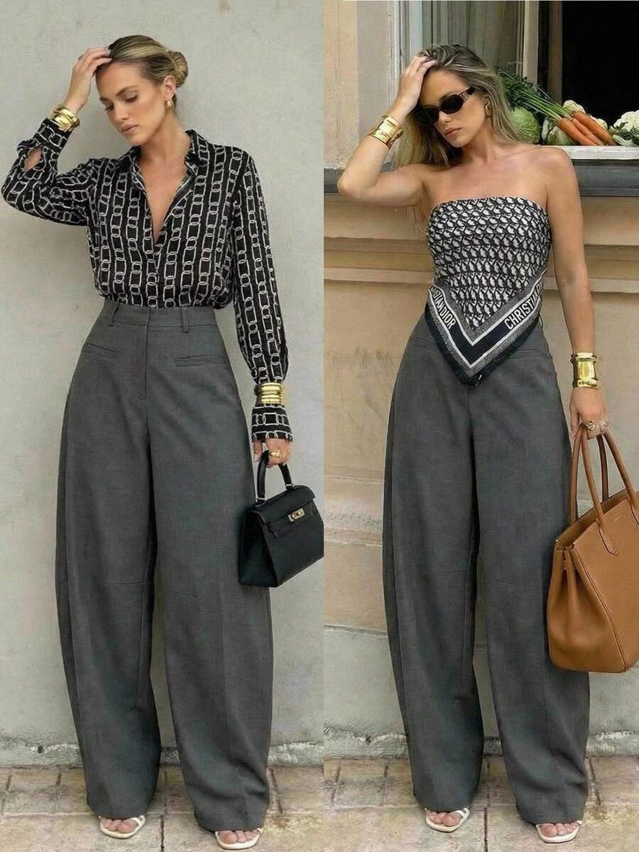 Anewsta Casual Women's Pear-Shaped Figure Flared Leg Dark Grey Pants, Suitable For Spring And Autumn - Dark Grey - View 1