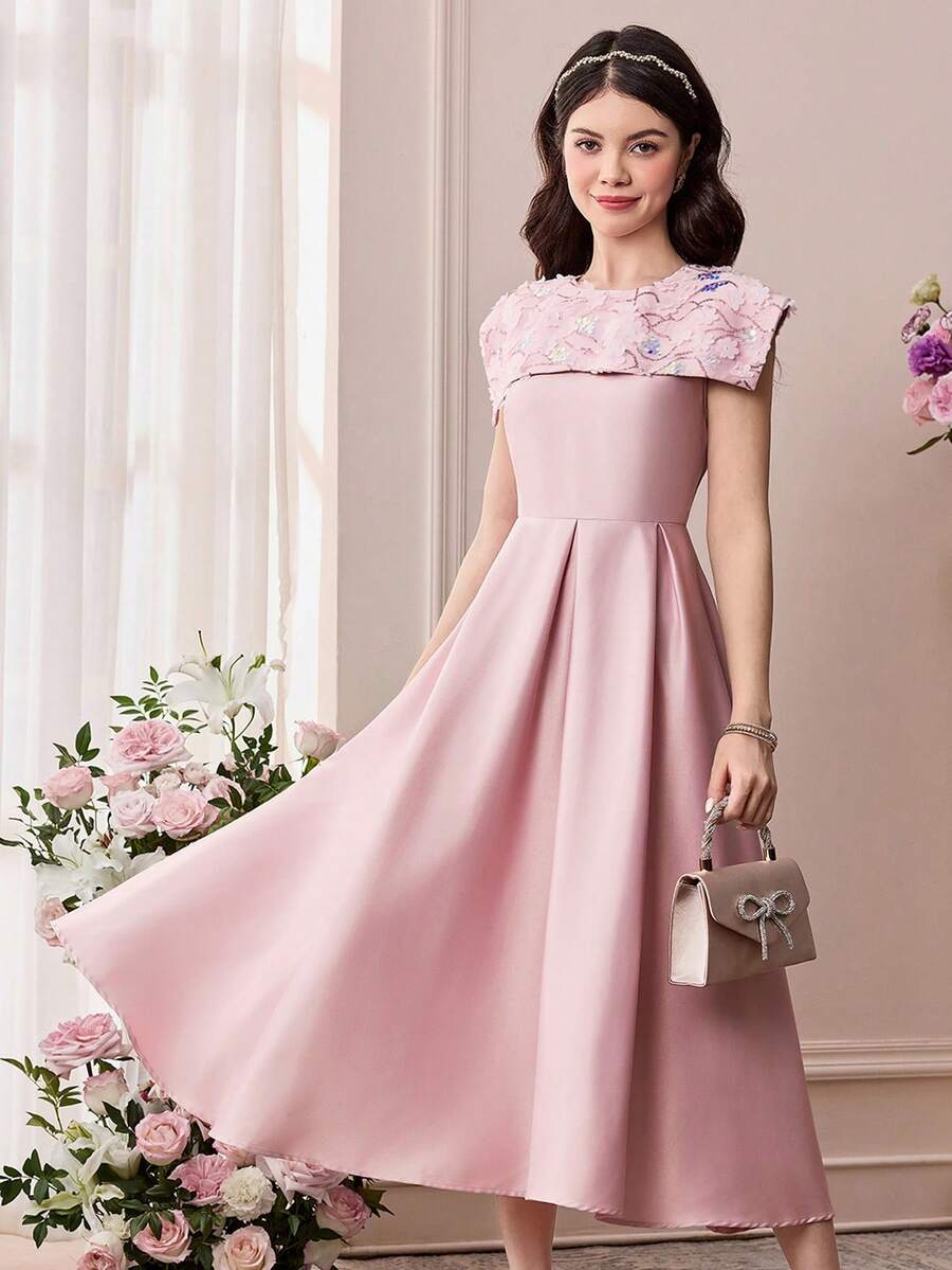 Pitira 少女缎面网纱拼接珠绣领A字连衣裙，适合晚宴、婚礼等场合 - 藕粉色 - 查看 1