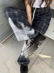 FRIFUL Women's Plaid Brushed Wide Leg Casual Pants - Blue - View 4