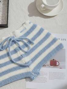 Comfortcana 女士抽绳腰带条纹休闲针织短裤 - 藍色 - 查看 4