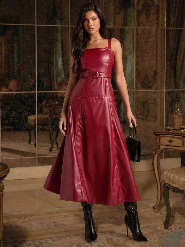 Enchnt Women's Burgundy PU Leather A-Line Midi Dress With Straps And Belt Elegant Sleeveless Flared Hem