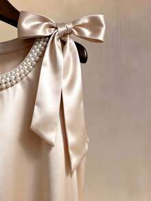 Franclia 纯色圆领缎面珍珠泡泡蝴蝶结无袖时尚优雅A字连衣裙 - 杏色 - 查看 4