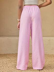 Tween Girls' Casual Striped Textured Pink Pants, Suitable For School, Daily Wear And Vacation - Pink - View 2