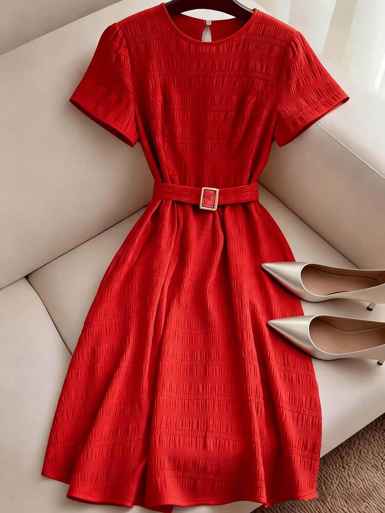 Franclia Women's 2026 New Arrival:Elegant French Romantic Style, Perfect For Vacations, Parties, And Everyday Wear. Spring/Summer French Retro Round Neck Short Sleeve Waist A-Lined With Bling Metal Buckle Belt,Beautiful Textured Fabric Red Dress,Long Dress For Commuters, Dates, And Vacations. Elegant Spring Outfits, Summer Outfits, Valentine's Day Outfits, Carnival Outfits, Women's Beach Outfits, Party Outfits, Birthday Dress, Commuter Outfits, Casual Outfits. Spring Outfits, Summer Outfits, Valentine's Day Outfits, Carnival Outfits, Women's Beach Outfits, Party Outfits, Birthday Dress, Commuter Outfits, Casual Outfits. - Red - View 3