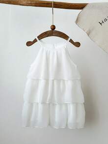 夏季女童无袖雪纺蛋糕裙，纯白色，甜美优雅，适合派对、宴会、婚礼、度假等场合。 - 白色 - 查看 1