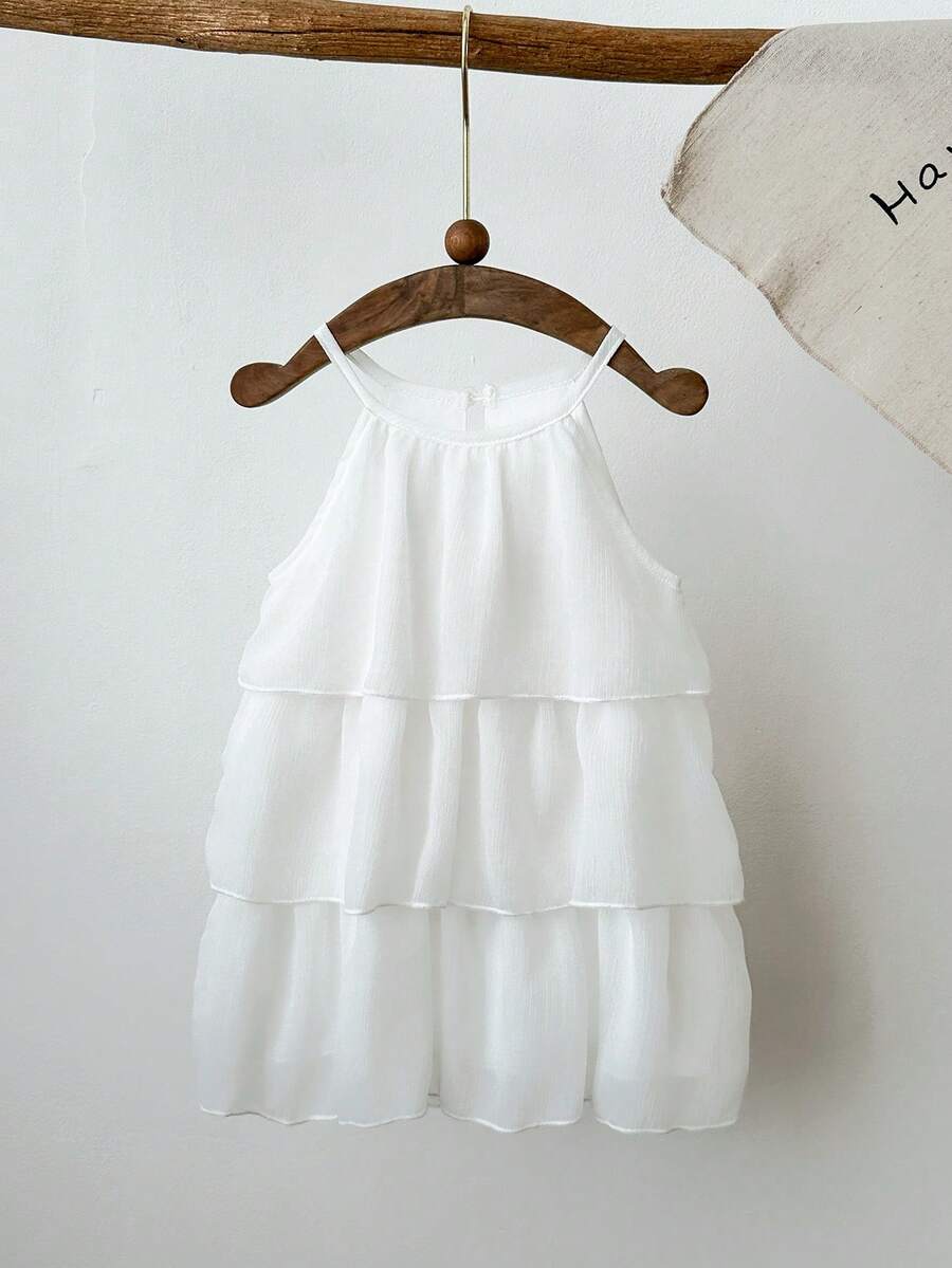 夏季女童无袖雪纺蛋糕裙，纯白色，甜美优雅，适合派对、宴会、婚礼、度假等场合。 - 白色 - 查看 1