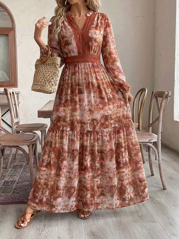 SHEIN VCAY 大码女式植物印花撞色蕾丝V领长袖休闲连衣裙 女式西式连衣裙 秋季连衣裙 农家连衣裙