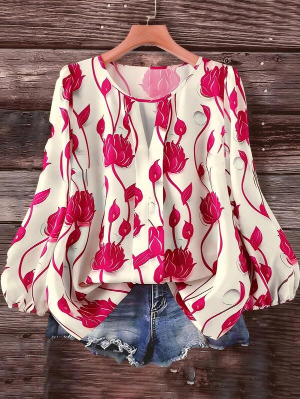 Linhara Plus Size Women's Casual Floral Print Round Neck Long Sleeve Blouse Shirt, Blue & White Floral Shirt, Autumn Wear, Country Music Festival Shirt, Women's Autumn Shirt, Outdoor Apparel, New Arrival 2025 Silk Tops For Women Lantern Sleeve Blouse Women Blouses Long Sleeve Flower Blouses For Women Women's Blouses Pink Floral Top Long Sleeve Loose Blouse Women's Blouses