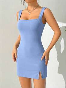 SHEIN EZwear 蓝色高开衩无袖连衣裙，女士夏季连衣裙 - 藍色 - 查看 4