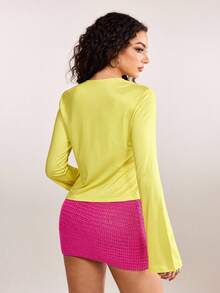 plantica Áo kiểu dáng ôm sát, tay dài, màu vàng nhạt, họa tiết hoa, cài kim loại, cổ chữ V sâu, tay loe, phong cách thành thị hiện đại, thích hợp cho các buổi đi chơi, du lịch, hẹn hò, tiệc tùng, lễ hội, ngày Valentine, mùa xuân/hè. - Màu vàng - Xem 2