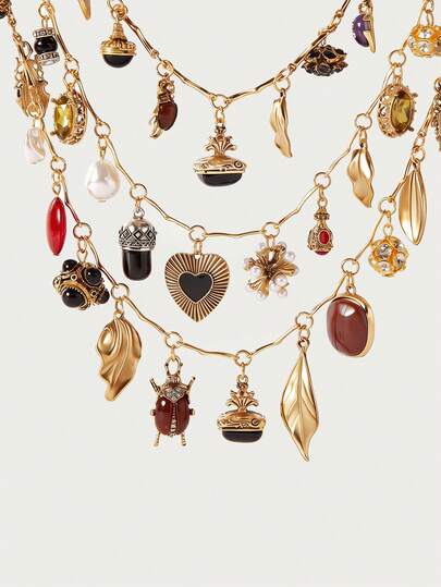 Glisma 1pc Vintage Multilayer Pendant Necklace With Insect, Leaf, Heart, Geometric Chain Charm Design