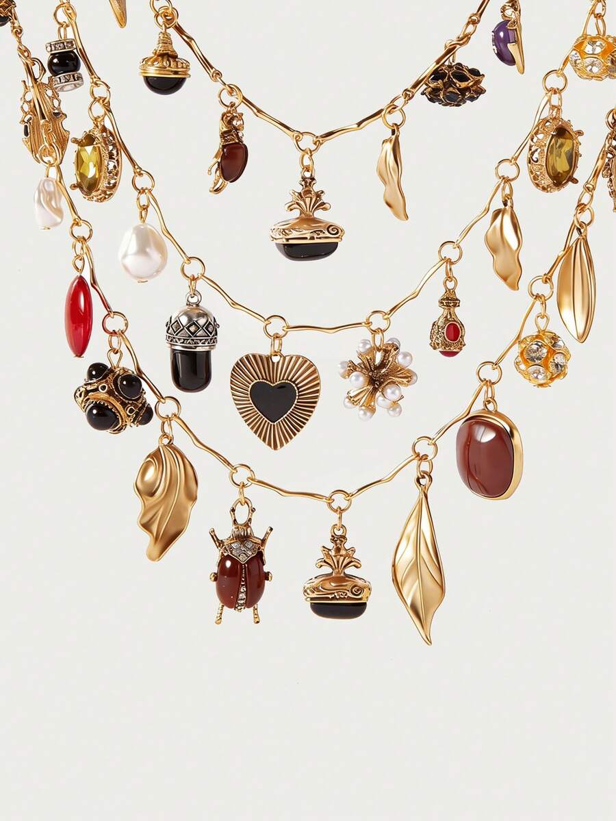 Glisma 1pc Vintage Multilayer Pendant Necklace With Insect, Leaf, Heart, Geometric Chain Charm Design - Layered Necklace - View 1