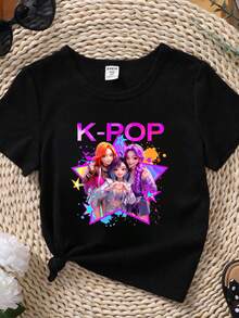 Kpop 女孩图案印花圆领短袖休闲百搭T恤 - 杏色 - 查看 5