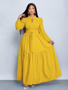 Đầm dài tay dáng chữ A ôm sát, màu trơn, cổ đứng, xẻ tà trước, cúc hình giọt nước, thiết kế cao cấp, thắt eo của SOLERSUN dành cho nữ, thanh lịch và thoải mái, thời trang công sở, kiểu dáng mới, mặc hàng ngày, năm mới, thu đông, hẹn hò, Giáng sinh, thời trang nữ. - Màu Mù tạt vàng - Xem 5