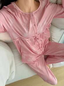 DAZY Conjunto de pijama con estampado floral y mangas de farol para mujer - Rosa - Ver 5