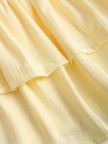 Sweetra Đầm ngắn mùa hè mới, chất liệu jacquard, thanh lịch, thích hợp mặc đi làm, đi nghỉ mát, đi chơi hàng ngày, xếp tầng, không dây vai, eo thon, màu vàng. - Màu vàng - Xem 3